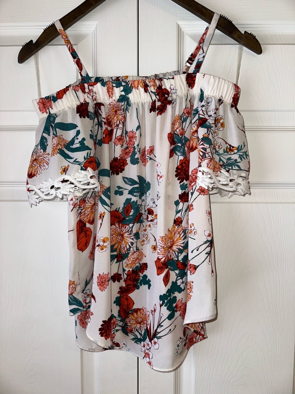 Floral Off-Shoulder Women’s Top in White with Rust & Teal Floral Print